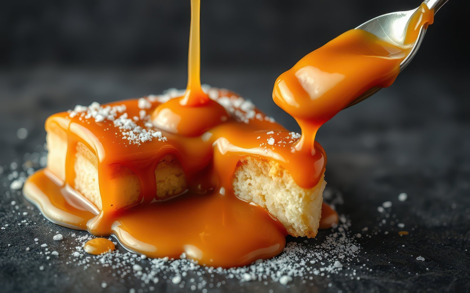 Caramel sauce being drizzled over a slice of cake